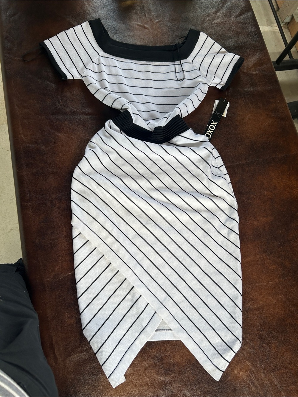 XOXO White & Black Striped Asymmetrical Cutout Dress